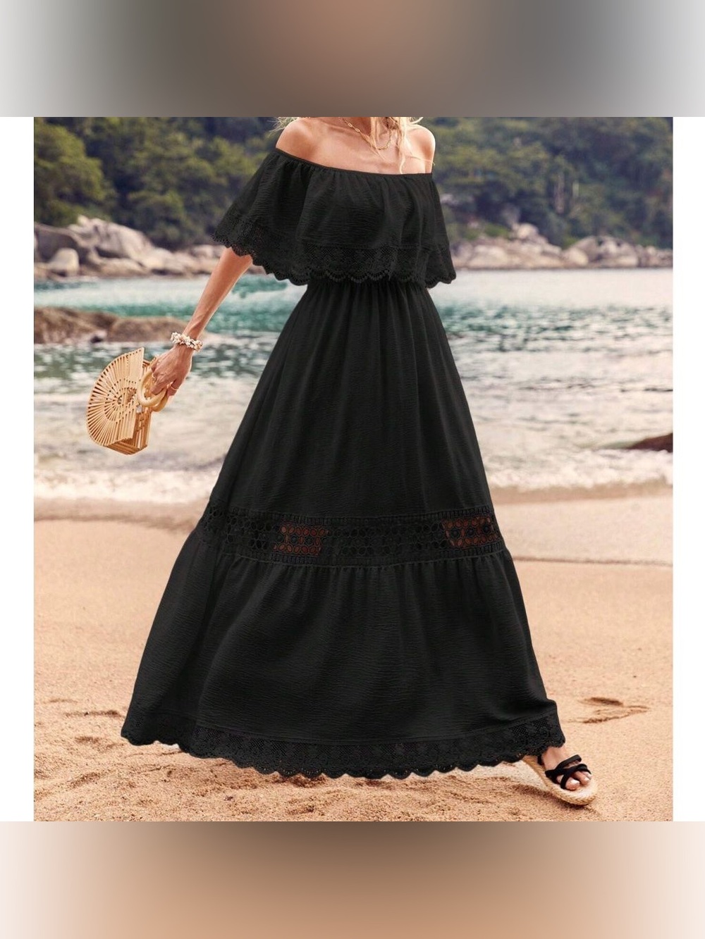Justify Off-Shoulder Black Maxi Dress with Lace Trim, Size M